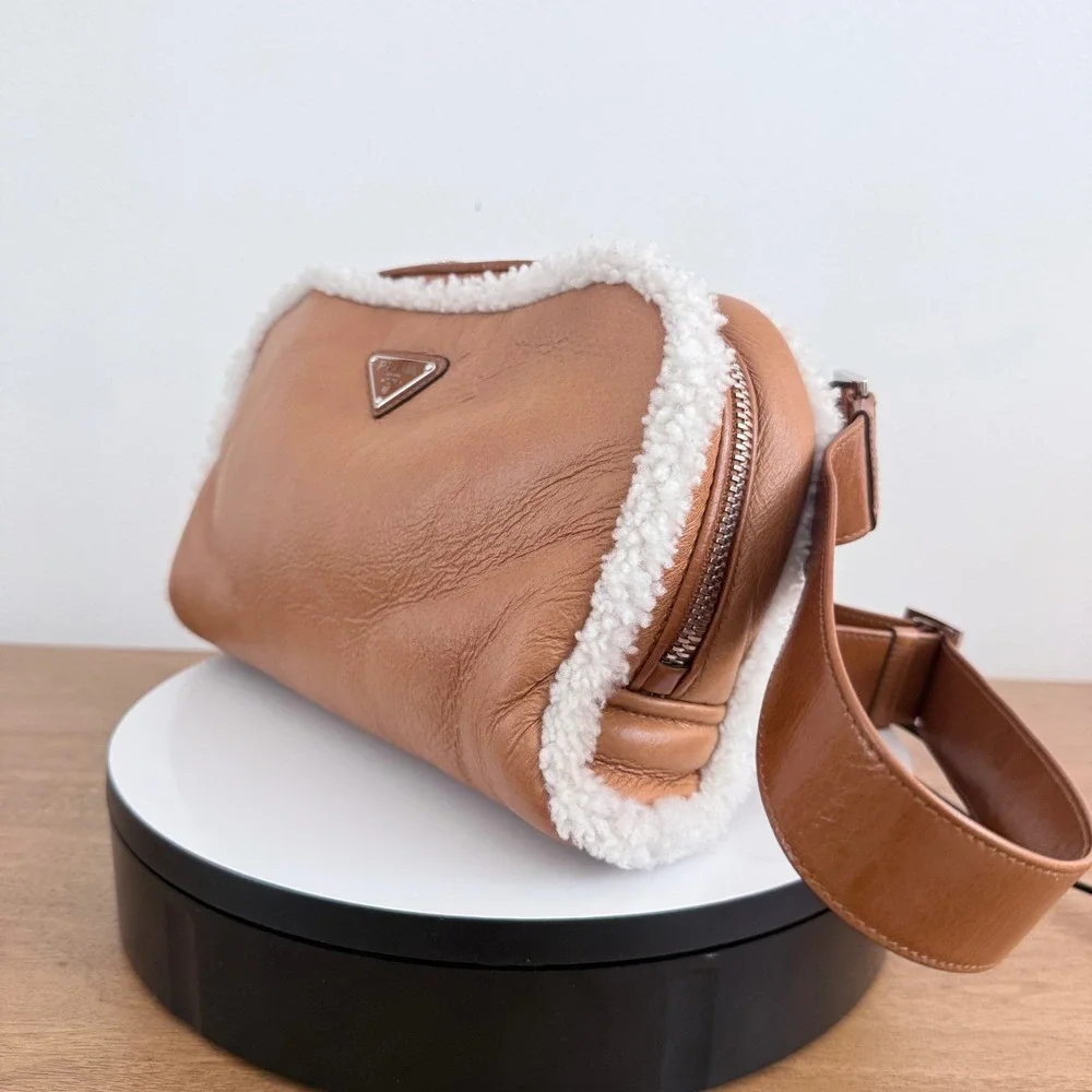 Prada Bandoliera Montone Shearling Leather Crossbody Bag Cognac 2VH181